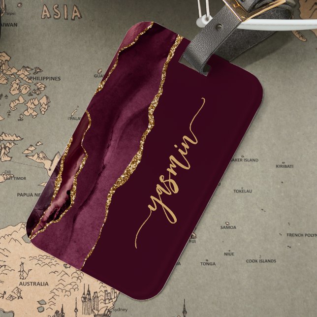 Personalized Signature Burgundy Red Gold Agate Luggage Tag (Creator Uploaded)