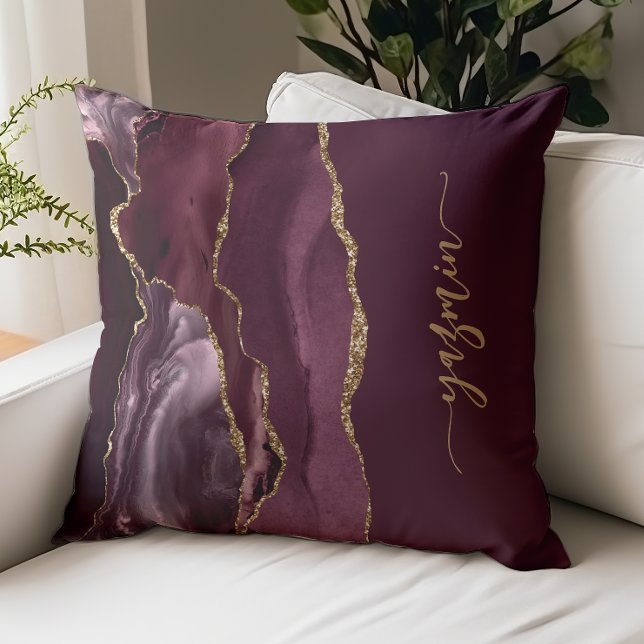 Personalized Signature Burgundy Red Gold Agate Throw Pillow (Creator Uploaded)