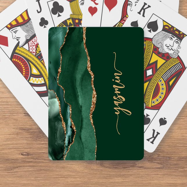 Personalized Signature Emerald Green Gold Agate Poker Cards (Creator Uploaded)