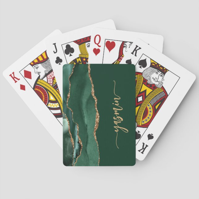 Personalized Signature Emerald Green Gold Agate Poker Cards (Back)
