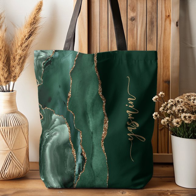Personalized Signature Emerald Green Gold Agate Tote Bag (Creator Uploaded)