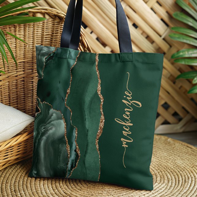 Personalized Signature Emerald Green Gold Agate Tote Bag (Creator Uploaded)