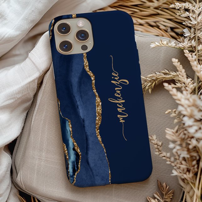Personalized Signature Navy Blue Gold Agate Case-Mate iPhone Case (Creator Uploaded)