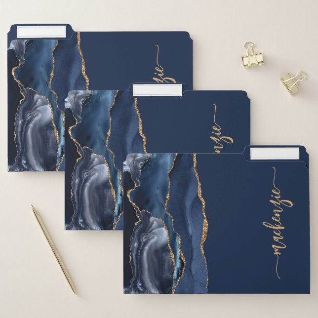 Personalized Signature Navy Blue Gold Agate File Folder (Set)