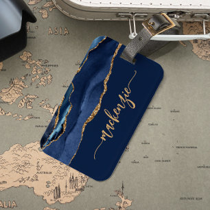 Personalized Signature Navy Blue Gold Agate Luggage Tag