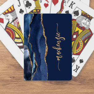 Personalized Signature Navy Blue Gold Agate Poker Cards
