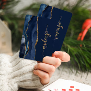 Personalized Signature Navy Blue Gold Agate Poker Cards