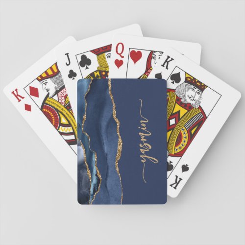 Personalized Signature Navy Blue Gold Agate Poker Cards