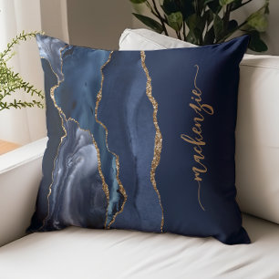 Personalized Signature Navy Blue Gold Agate Throw Pillow