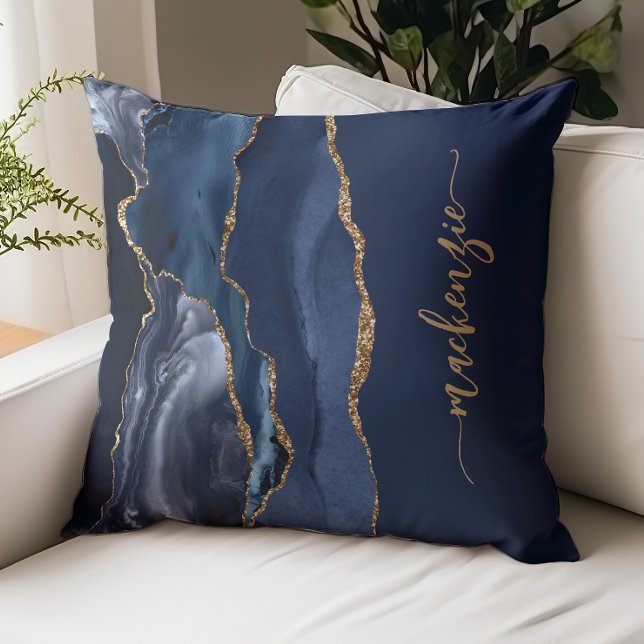 Personalized Signature Navy Blue Gold Agate Throw Pillow (Creator Uploaded)