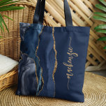 Personalized Signature Navy Blue Gold Agate Tote Bag<br><div class="desc">Personalize this elegant modern design with your name in vertical gold-colored signature handwriting script on a navy blue background with a border of navy blue watercolor agate trimmed with gold faux glitter. (To keep the swashes at the beginning and end of the name, replace only the letters, leaving the symbols...</div>