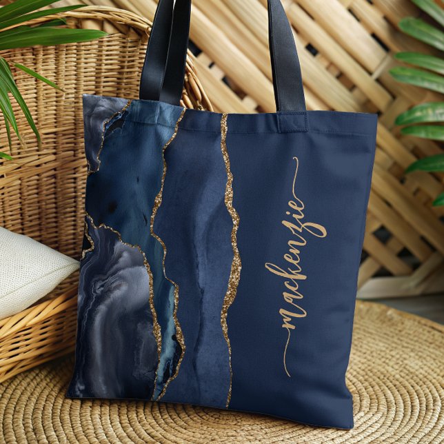 Personalized Signature Navy Blue Gold Agate Tote Bag (Creator Uploaded)