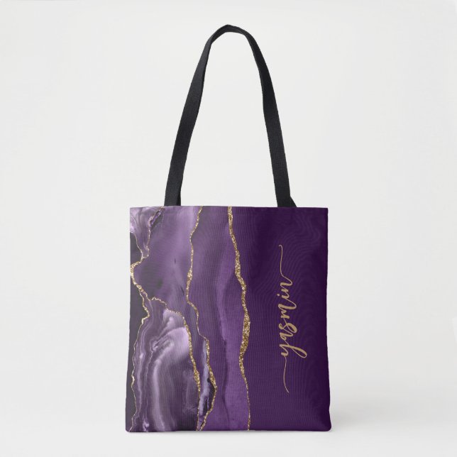 Personalized Signature Purple Gold Agate Tote Bag (Front)