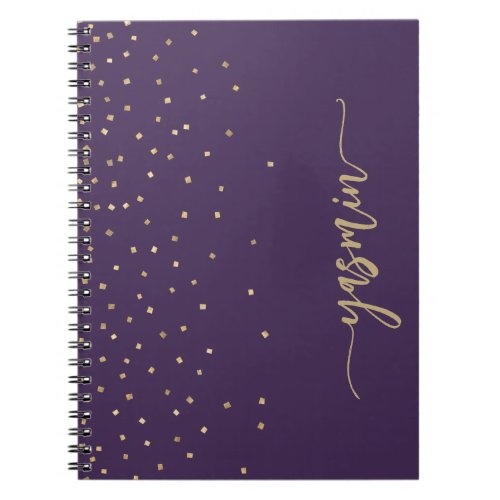 Personalized Signature Purple Gold Square Confetti Notebook