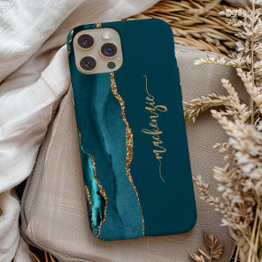 Personalized Signature Teal Blue Gold Agate iPhone 13 Pro Case