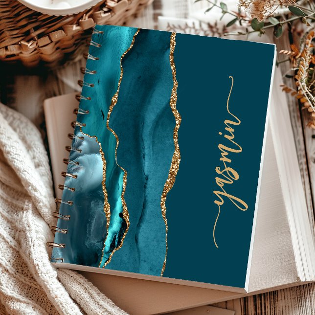 Personalized Signature Teal Blue Gold Agate Notebook (Creator Uploaded)