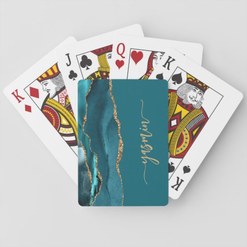 Personalized Signature Teal Blue Gold Agate Playing Cards