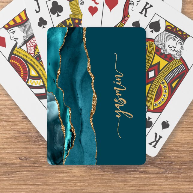 Personalized Signature Teal Blue Gold Agate Poker Cards (Creator Uploaded)