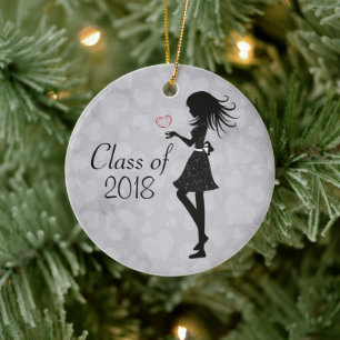Personalized Silhouette Girl and Hearts Graduation Ceramic Ornament