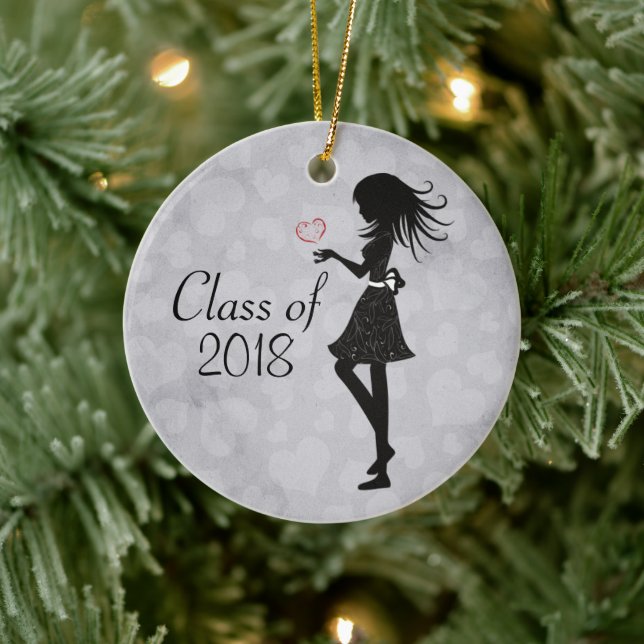 Personalized Silhouette Girl and Hearts Graduation Ceramic Ornament (Tree)