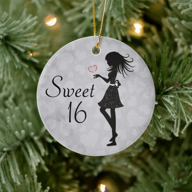 Personalized Silhouette Girl and Hearts Sweet 16 Ceramic Ornament (Tree)