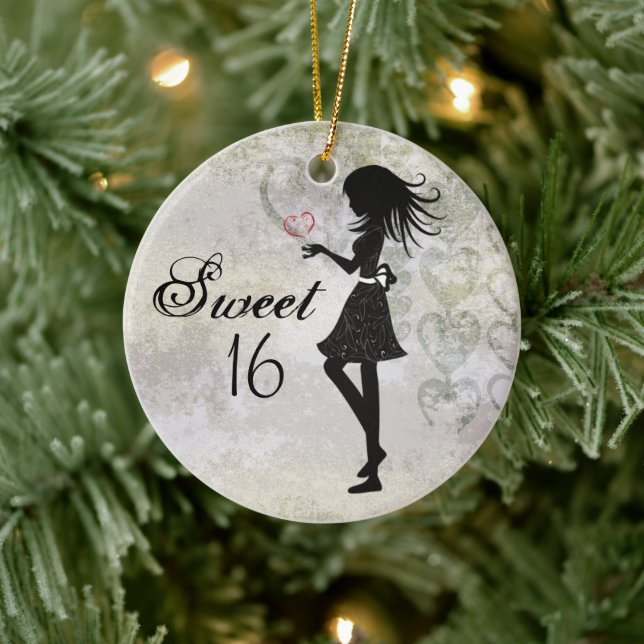 Personalized Silhouette Girl and Hearts Sweet 16 Ceramic Ornament (Tree)