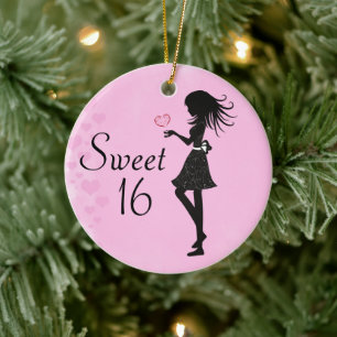 Personalized Silhouette Girl and Hearts Sweet 16 Ceramic Ornament