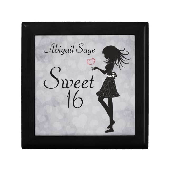 Personalized Silhouette Girl and Hearts Sweet 16 Keepsake Box (Front)