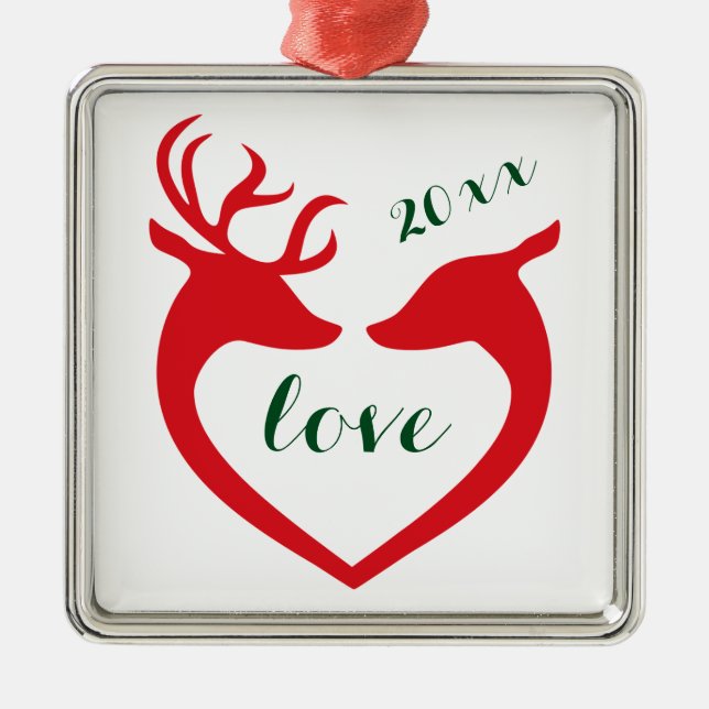 Personalized Silhouette Heart Deer Couple in Love Metal Ornament (Front)