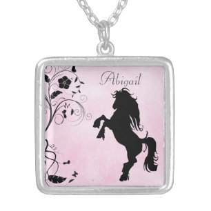 Personalized Silhouette Horse and Flowers Silver Plated Necklace
