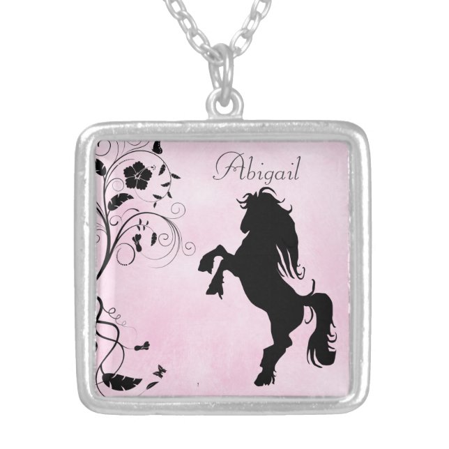 Personalized Silhouette Horse and Flowers Silver Plated Necklace (Front)