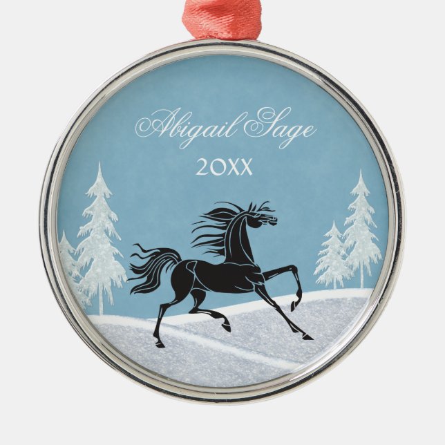 Personalized Silhouette Horse and Snow Ornament (Front)