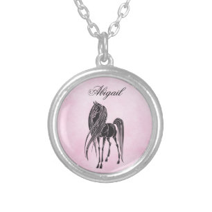 Personalized Silhouette Horse Pink and Black Silver Plated Necklace