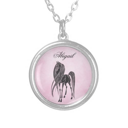 Personalized Silhouette Horse Pink and Black Silver Plated Necklace