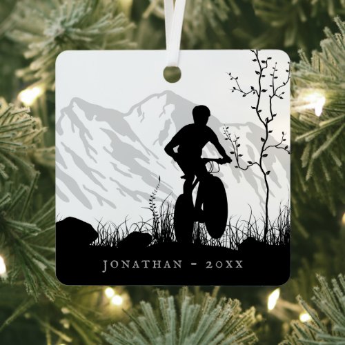 Personalized Silhouette Mountain Bike Christmas Metal Ornament