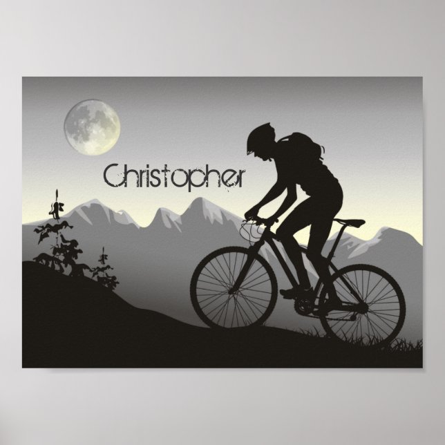Personalized Silhouette Mountain Biker and Moon Poster (Front)