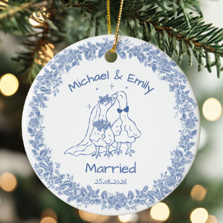 Personalized Silly Goose Married Cute Blue Wedding Ceramic Ornament