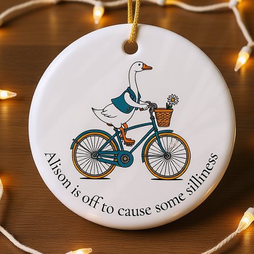 Personalized Silly Goose on a Bike Ceramic Ornament
