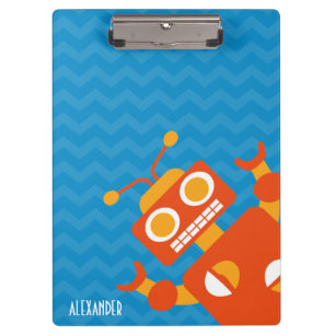 Personalized Silly Orange Robot Blue Chevron Boys Clipboard