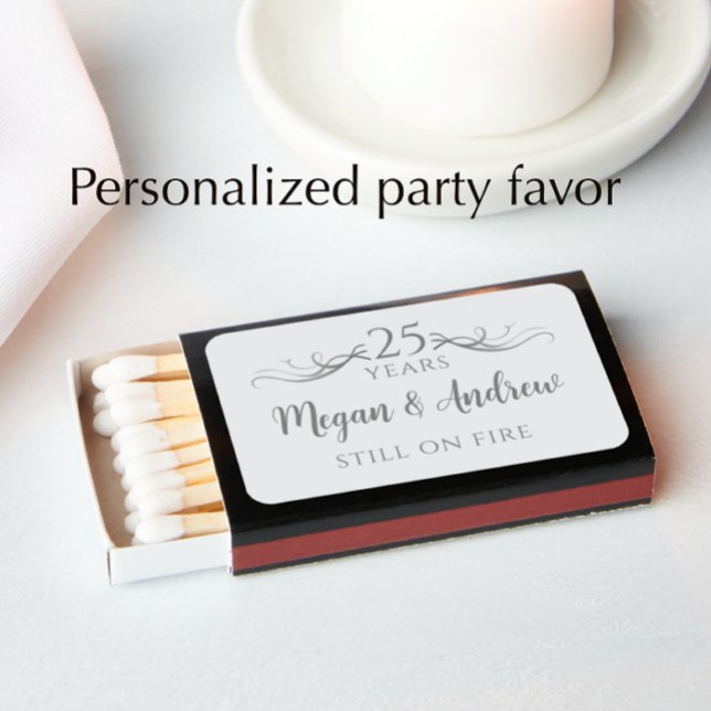 Personalized Silver 25th Wedding Anniversary Favor Matchboxes (Add couples names for an elegant unique grey 25th anniversary party favor match box.)