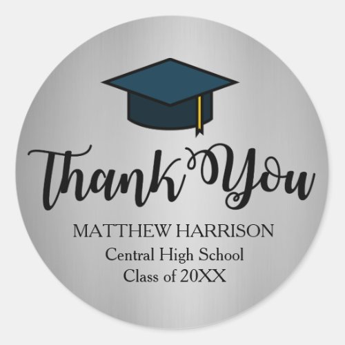 Personalized Silver and Black Thank You Graduation Classic Round Sticker