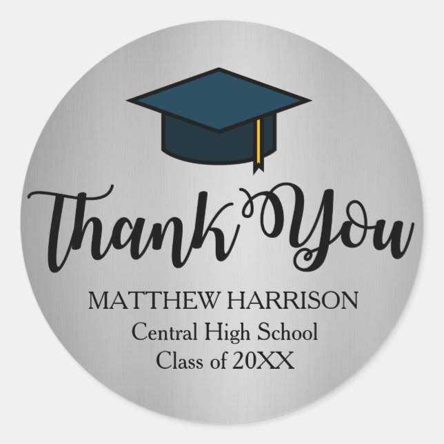 Personalized Silver and Black Thank You Graduation Classic Round Sticker (Front)
