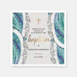 Personalized Silver and Blue Mineral Stone Baptism Napkins