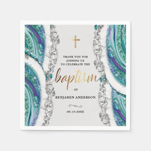 Personalized Silver and Blue Mineral Stone Baptism Napkins
