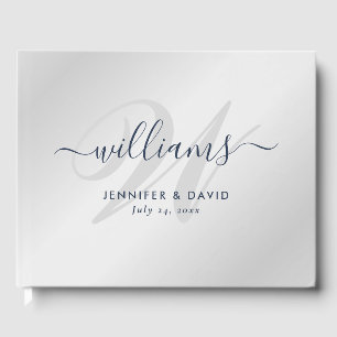 Personalized Silver and Navy Blue Monogram Wedding Guest Book