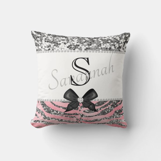 Personalized Silver and Rose Pink Glitter Throw Pillow (Front)