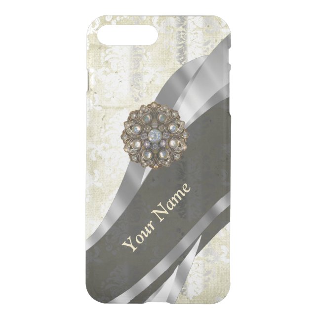 Personalized silver and white damask pattern uncommon iPhone case (Back)