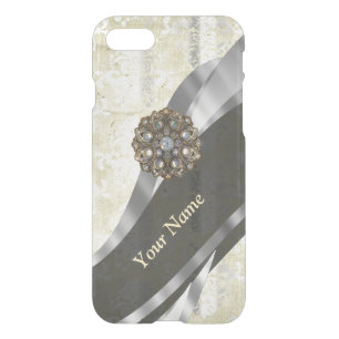 Personalized silver and white damask pattern iPhone SE/8/7 case