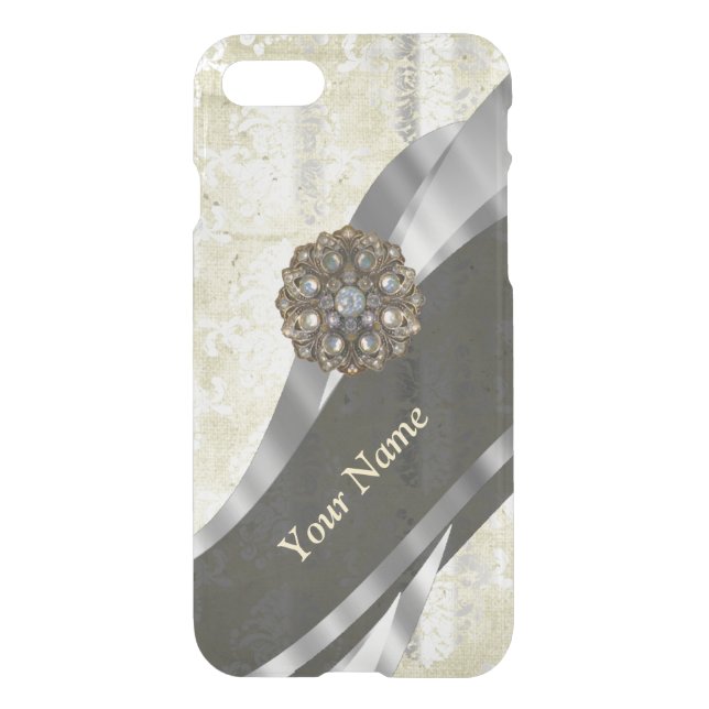 Personalized silver and white damask pattern uncommon iPhone case (Back)