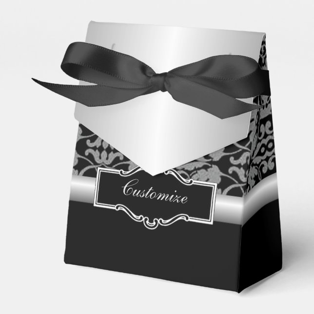 Personalized Silver & Black Damask Favor Box (Front Side)